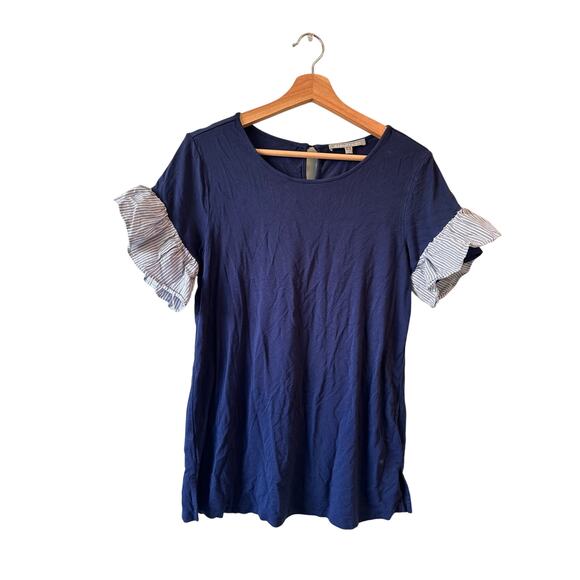 Daniel Rainn Navy Stretchy Top with Pinstripe Ruffled Sleeve Accent - Picture 1 of 5